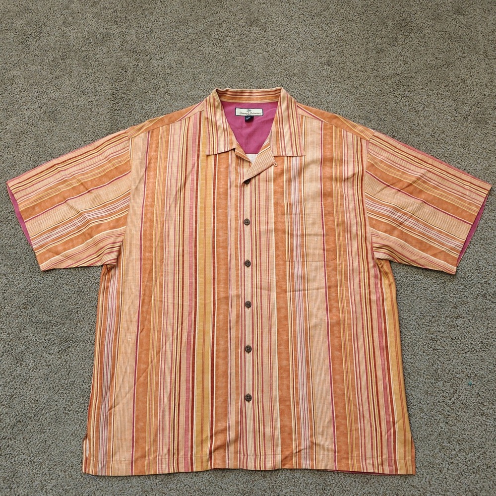 Tommy Bahama Mens XL Silk Camp Shirt Orange Pink Striped Short Sleeve Button Up - Picture 2 of 12